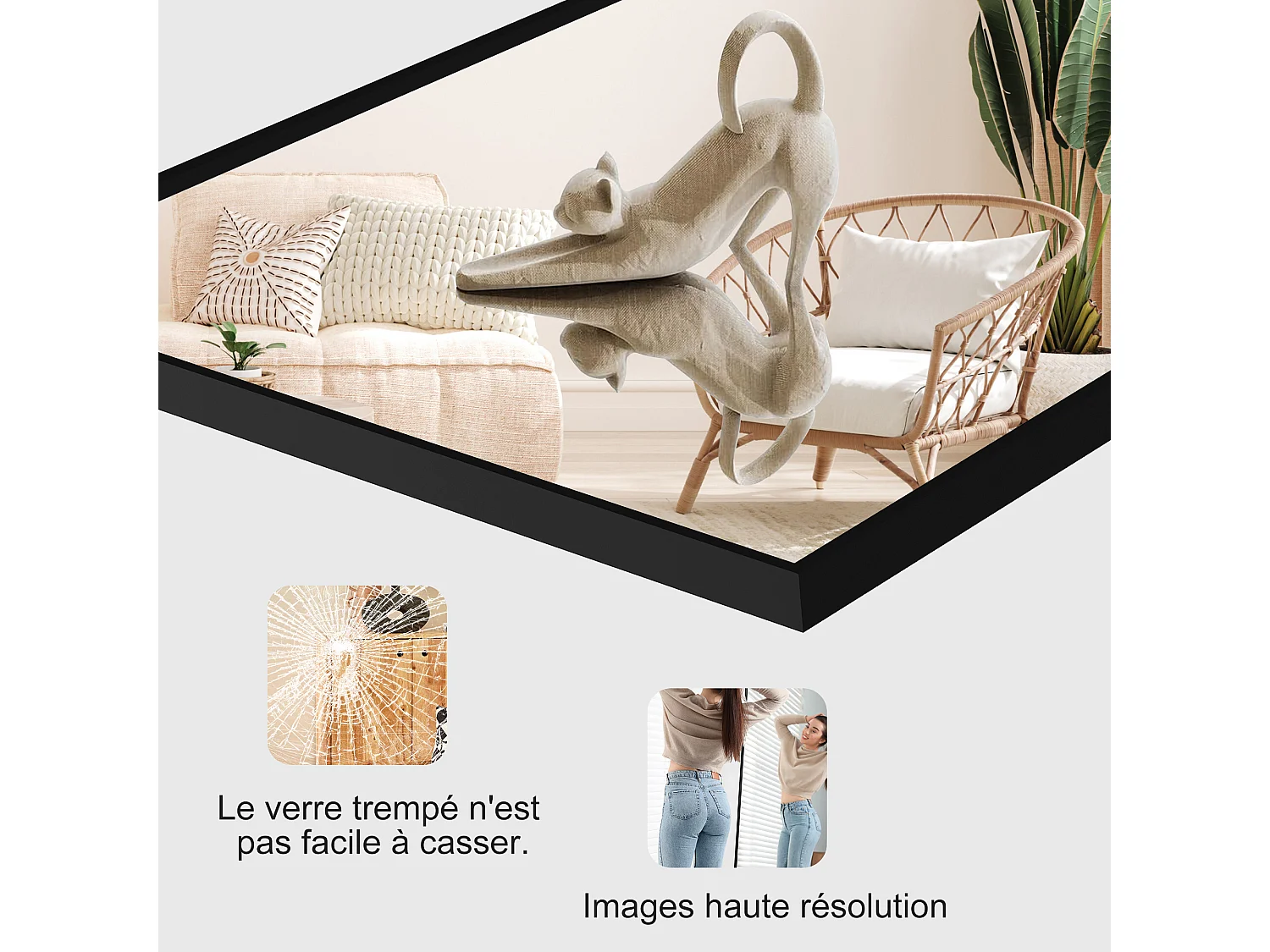 Miroir sur pied 177 x 77 cm - miroir autoportant, à accrocher ou à poser contre un mur - grand miroir sur pied - noir