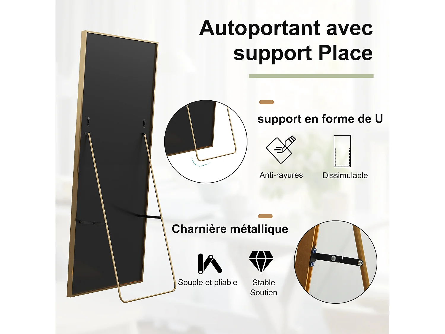 Miroir sur pied 173 x 63 cm - miroir autoportant, à accrocher ou à poser contre un mur - grand miroir sur pied - or