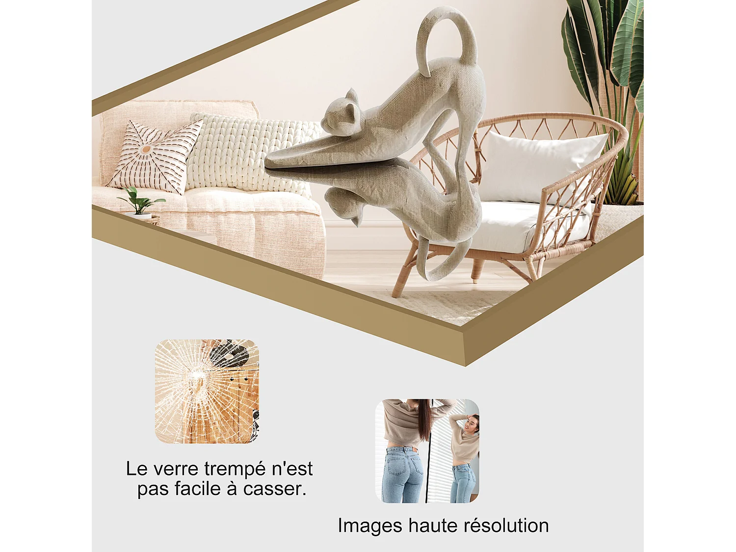 Miroir sur pied 173 x 63 cm - miroir autoportant, à accrocher ou à poser contre un mur - grand miroir sur pied - or