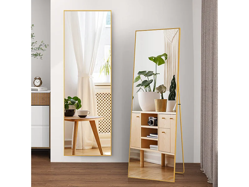 Miroir sur pied 173 x 63 cm - miroir autoportant, à accrocher ou à poser contre un mur - grand miroir sur pied - or