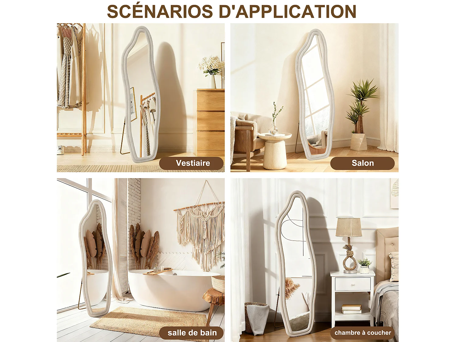 Miroir sur pied 160 x 50 cm - à bords ondulés irréguliers - avec support et cadre en bois recouvert de flanelle -blanc