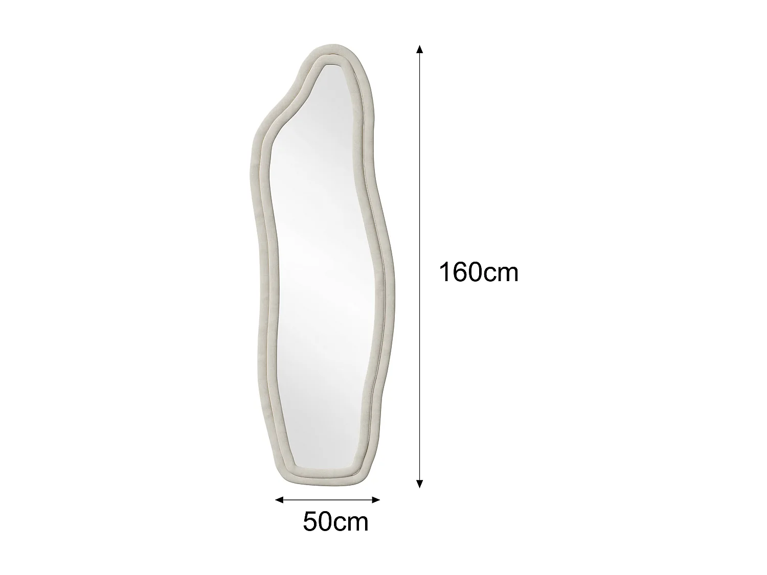 Miroir sur pied 160 x 50 cm - à bords ondulés irréguliers - avec support et cadre en bois recouvert de flanelle -blanc