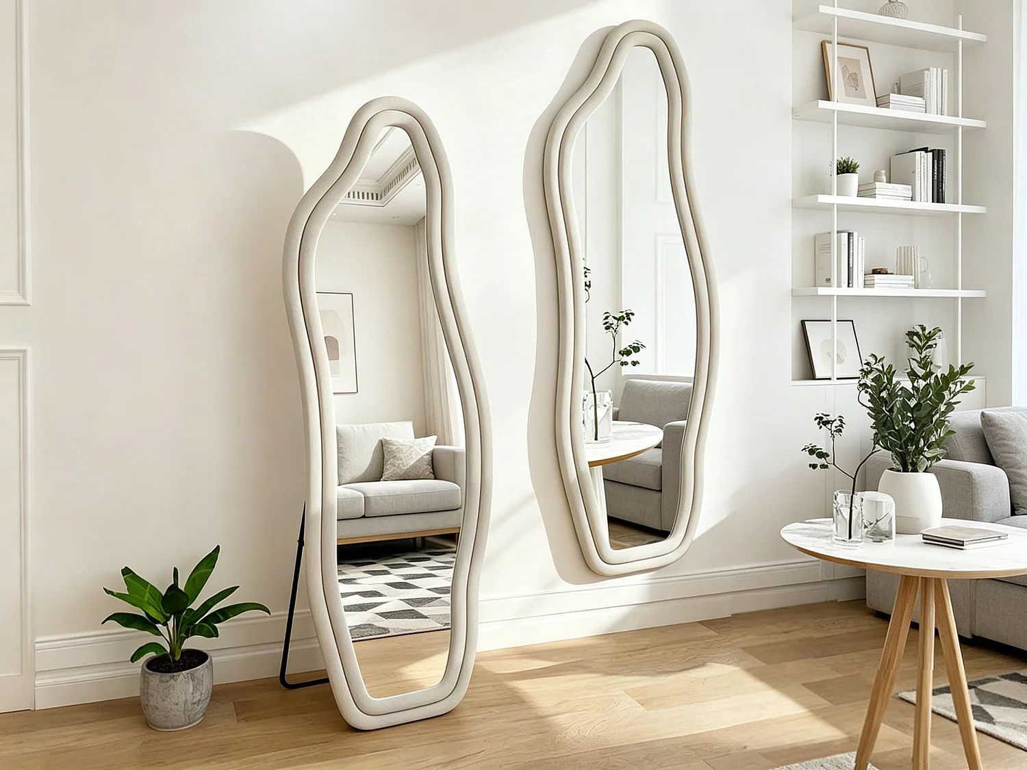 Miroir sur pied 160 x 50 cm - à bords ondulés irréguliers - avec support et cadre en bois recouvert de flanelle -blanc