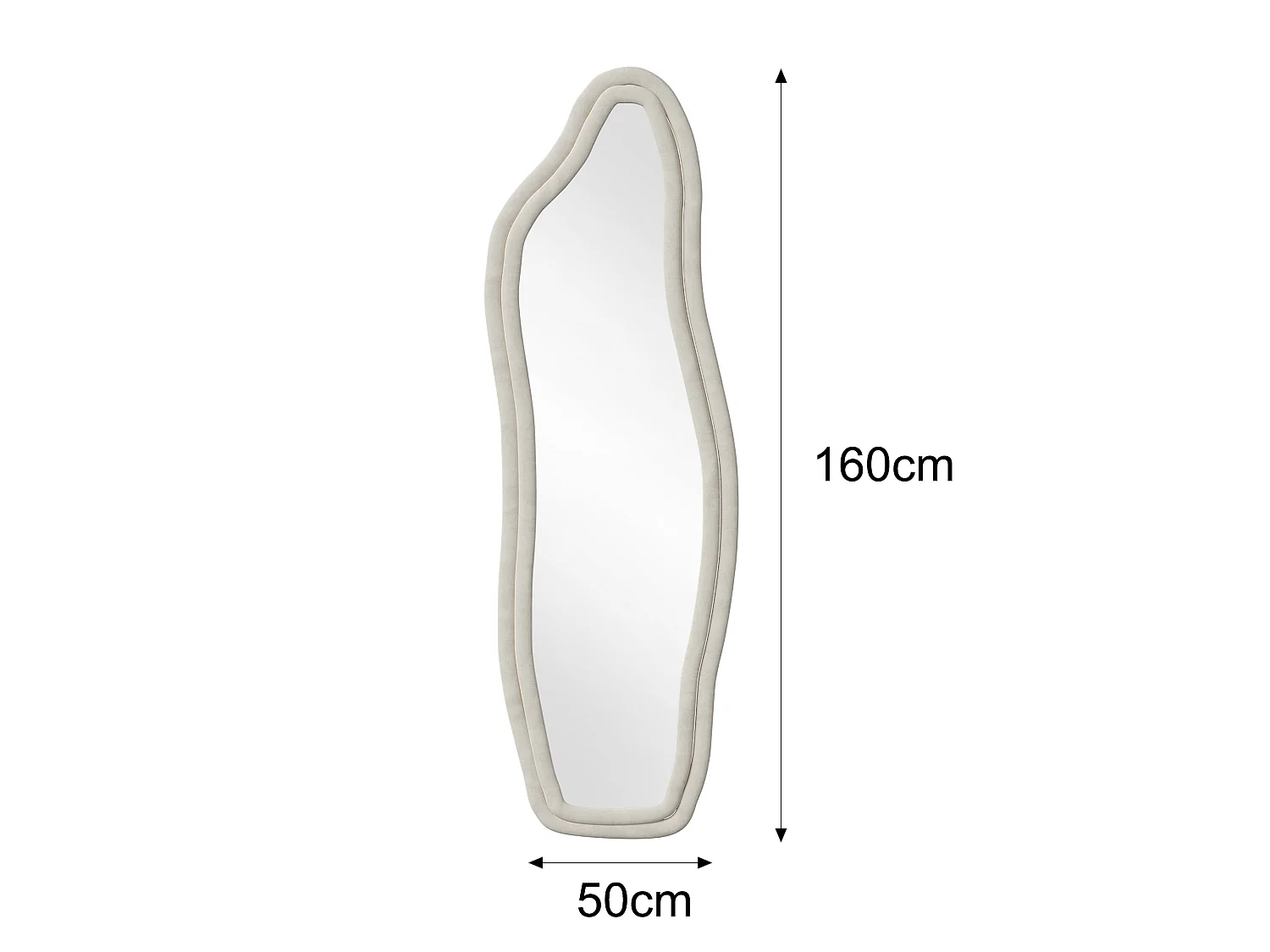 Miroir sur pied 160 x 50 cm - à bords ondulés irréguliers - avec support et cadre en bois recouvert de flanelle -blanc