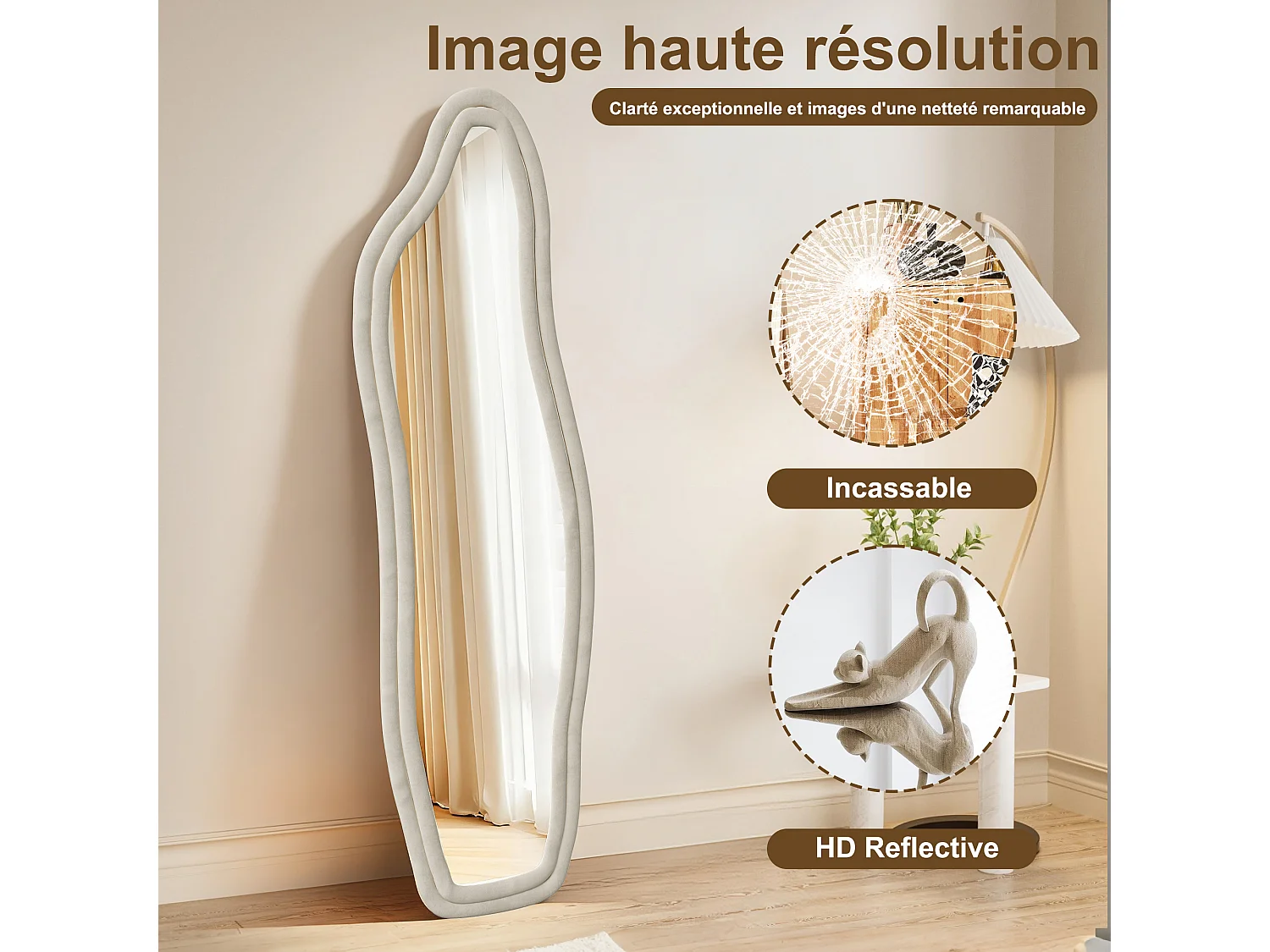 Miroir sur pied 140 x 45 cm - à bords ondulés irréguliers - avec support et cadre en bois recouvert de flanelle -blanc