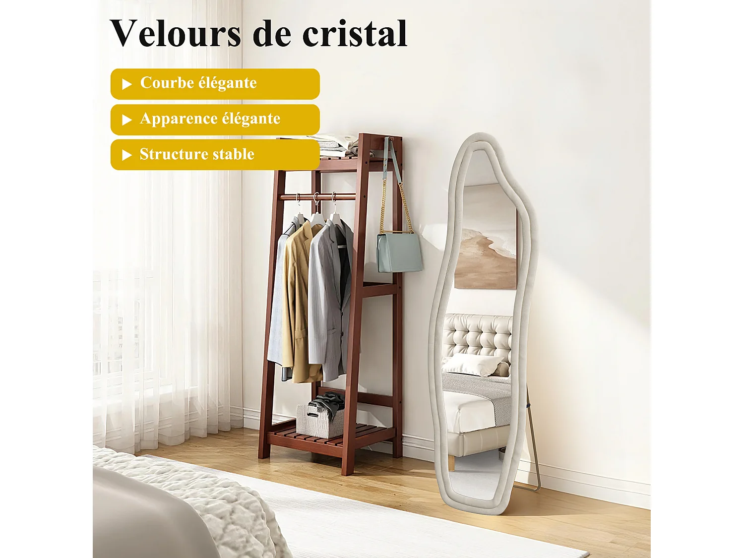 Miroir sur pied 140 x 45 cm - à bords ondulés irréguliers - avec support et cadre en bois recouvert de flanelle -blanc