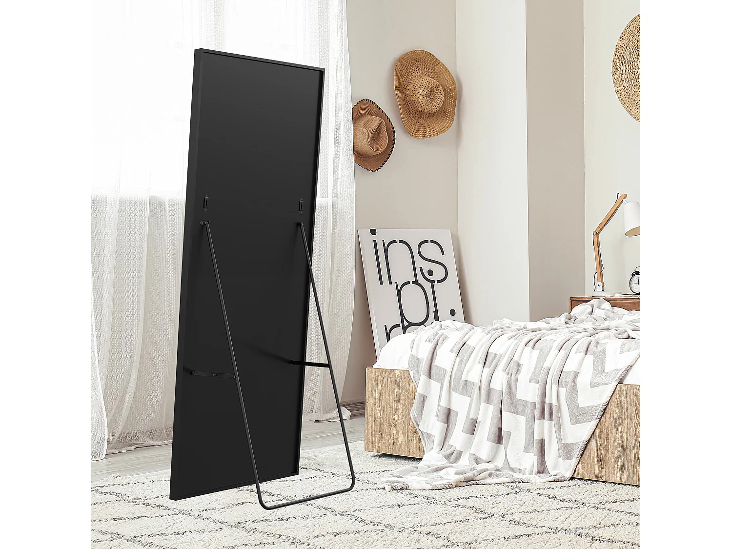 Miroir sur pied 173 x 63 cm - miroir autoportant, à accrocher ou à poser contre un mur - grand miroir sur pied - noir