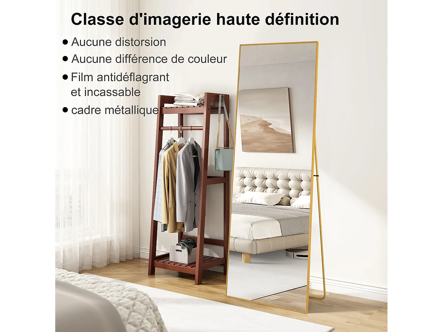 Miroir sur pied 164 x 54 cm - miroir autoportant, à accrocher ou à poser contre un mur - grand miroir sur pied - or