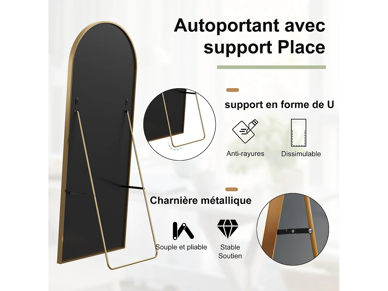 Miroir sur pied incurvé 177 x 77 cm - cadre en alliage d'aluminium - verre trempé - grand format - or