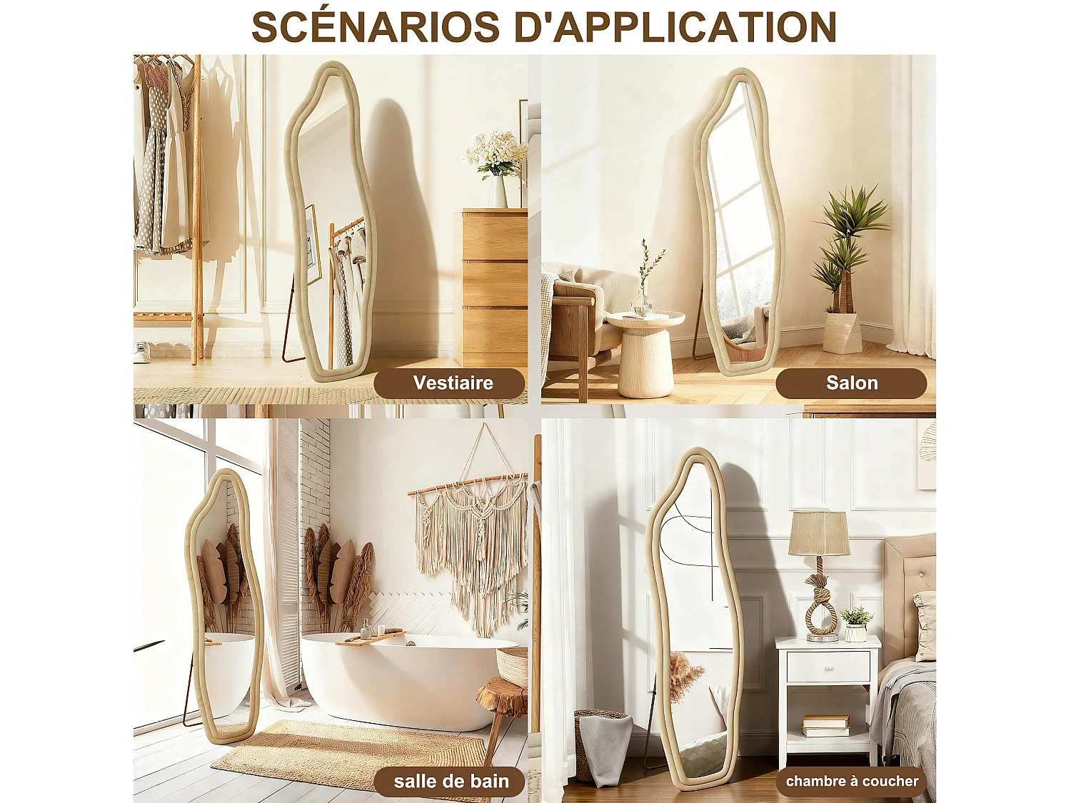 Miroir sur pied 160 x 50 cm - à bords ondulés irréguliers - avec support et cadre en bois recouvert de flanelle -or