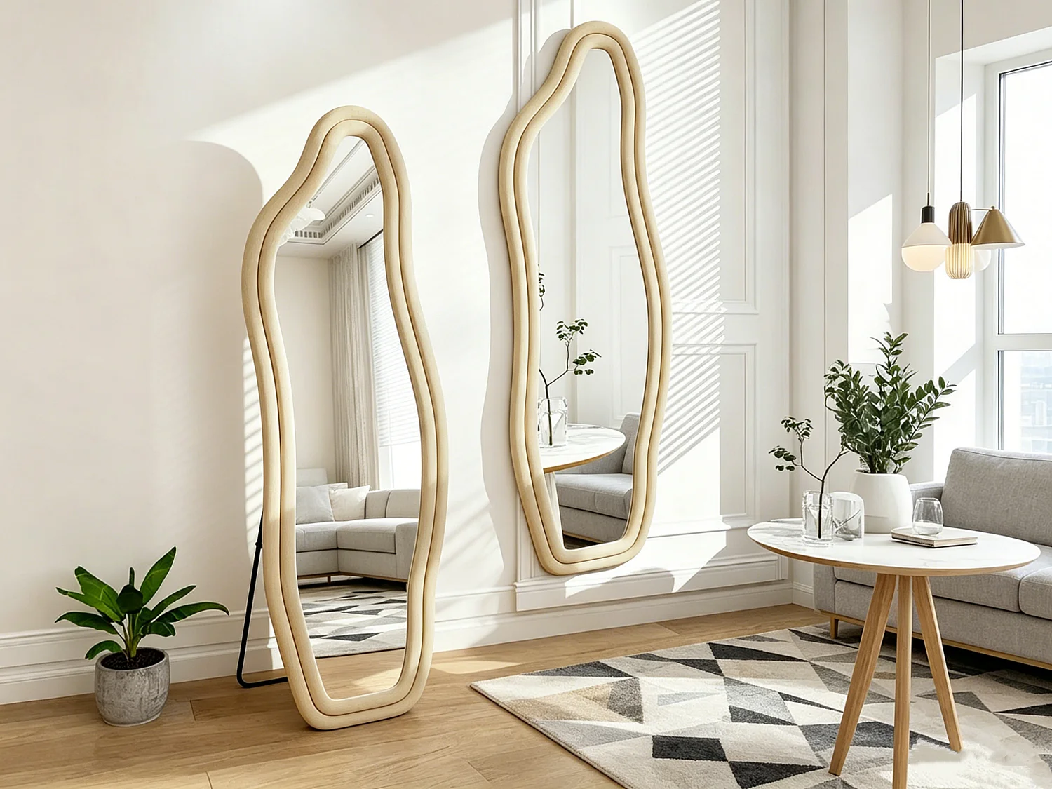 Vrijstaande spiegel 160 x 50 cm - met onregelmatige golvende randen - met standaard en houten frame bekleed met flanel - geel