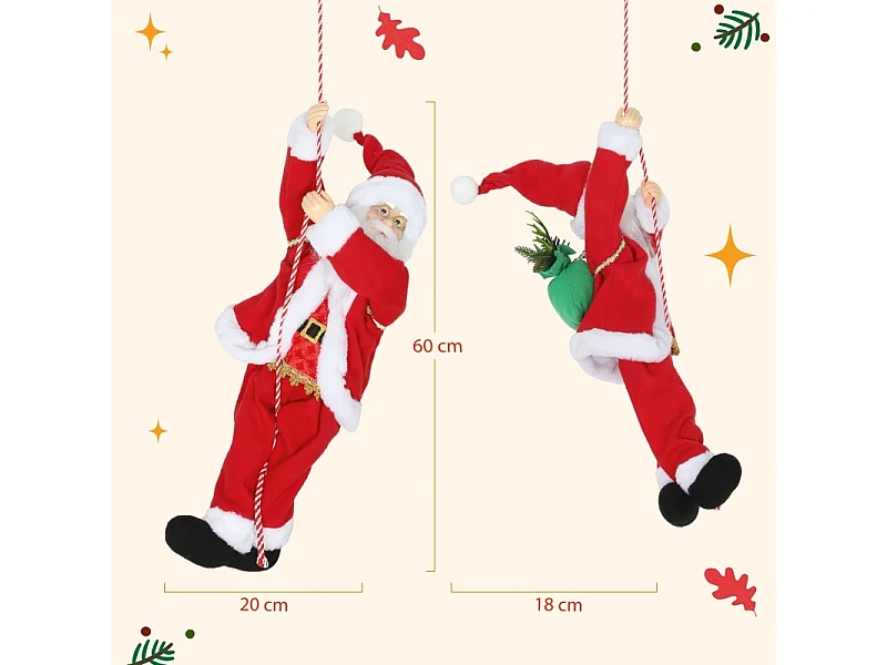 Père Noël chantant et grimpant de 60 cm - avec cordelette cadeau et fonction sonore - Intérieur