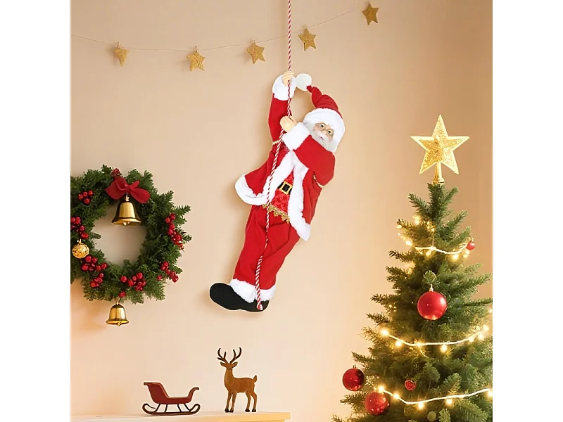 Père Noël chantant et grimpant de 60 cm - avec cordelette cadeau et fonction sonore - Intérieur
