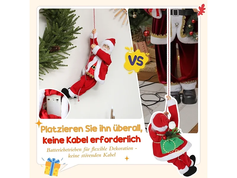Père Noël chantant et grimpant de 60 cm - avec cordelette cadeau et fonction sonore - Intérieur