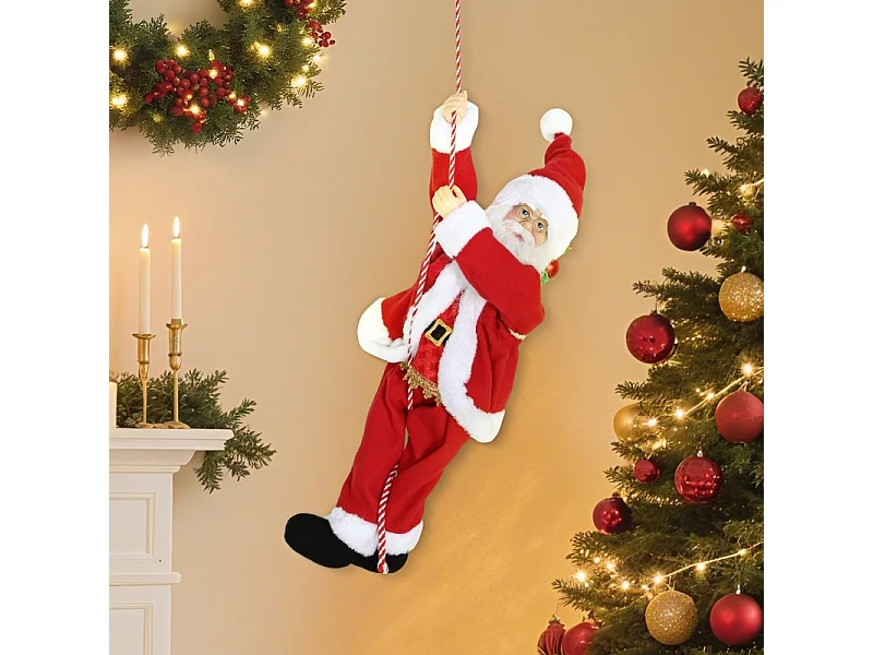 Père Noël chantant et grimpant de 60 cm - avec cordelette cadeau et fonction sonore - Intérieur