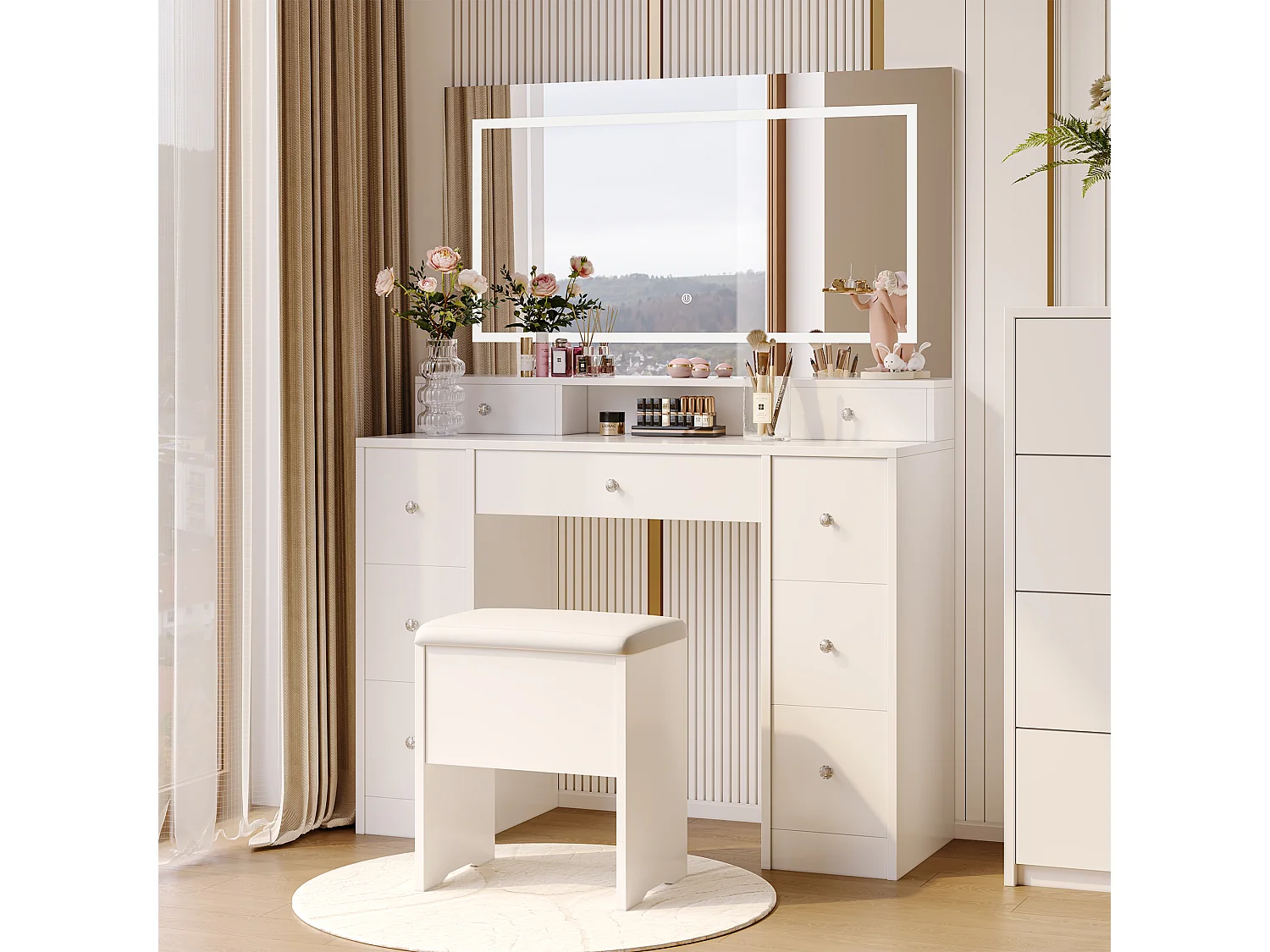 Ensemble coiffeuse avec miroir et éclairage LED, table de toilette avec tabouret de rangement, 9 tiroirs et étagères ouvertes, blanc