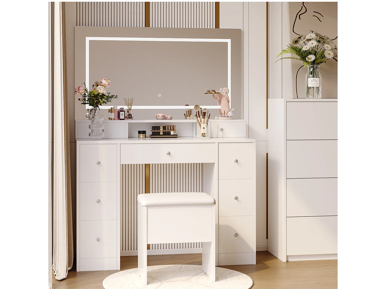Ensemble coiffeuse avec miroir et éclairage LED, table de toilette avec tabouret de rangement, 9 tiroirs et étagères ouvertes, blanc