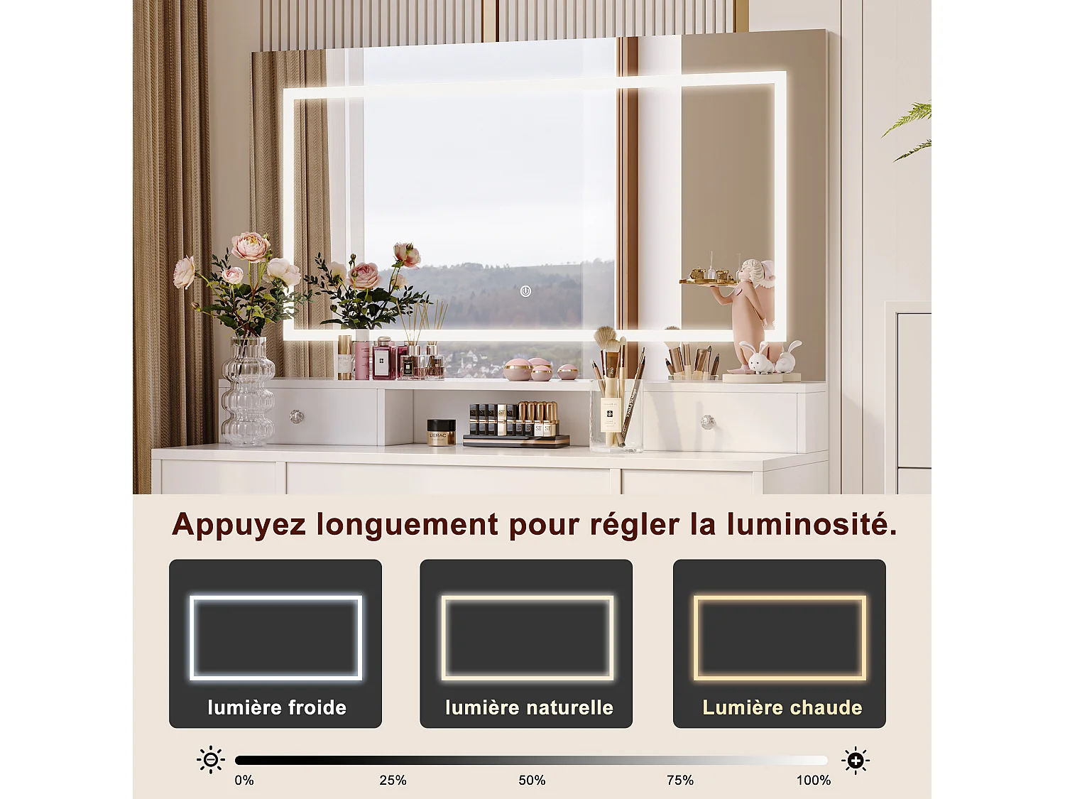 Ensemble coiffeuse avec miroir et éclairage LED, table de toilette avec tabouret de rangement, 9 tiroirs et étagères ouvertes, blanc