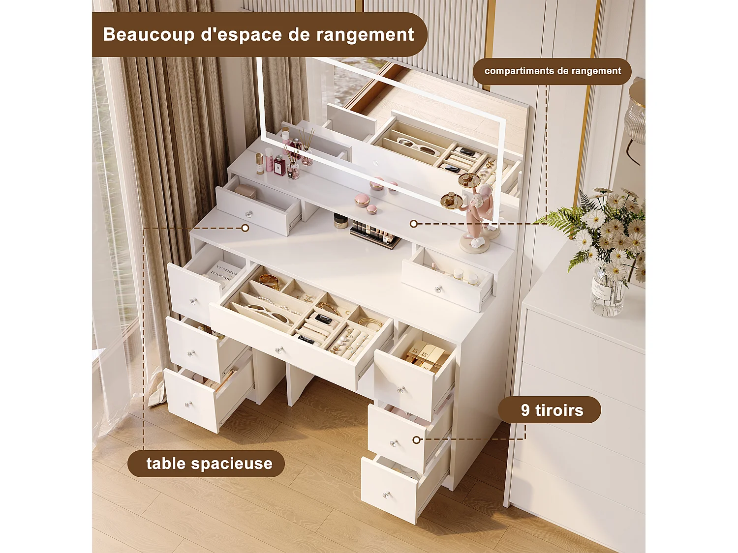 Ensemble coiffeuse avec miroir et éclairage LED, table de toilette avec tabouret de rangement, 9 tiroirs et étagères ouvertes, blanc