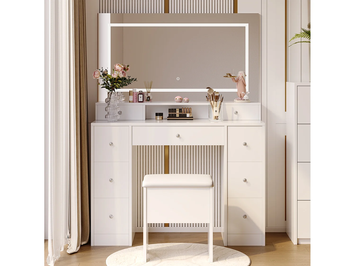 Ensemble coiffeuse avec miroir et éclairage LED, table de toilette avec tabouret de rangement, 9 tiroirs et étagères ouvertes, blanc
