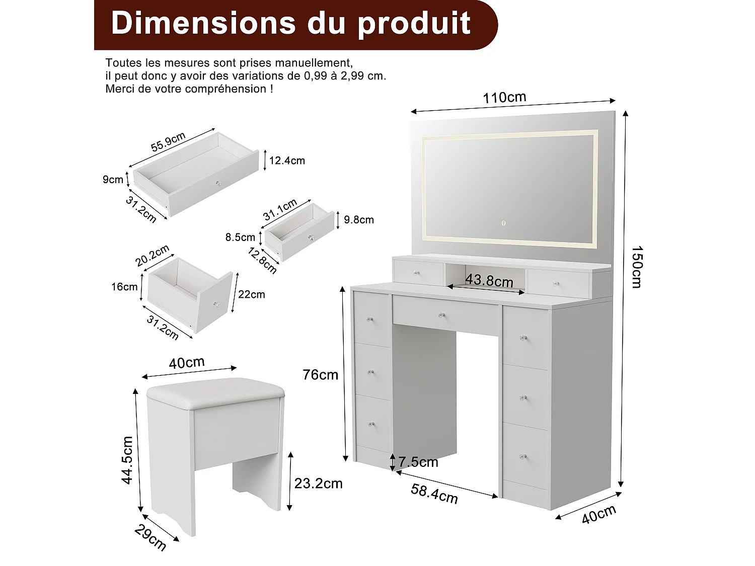 Ensemble coiffeuse avec miroir et éclairage LED, table de toilette avec tabouret de rangement, 9 tiroirs et étagères ouvertes, blanc