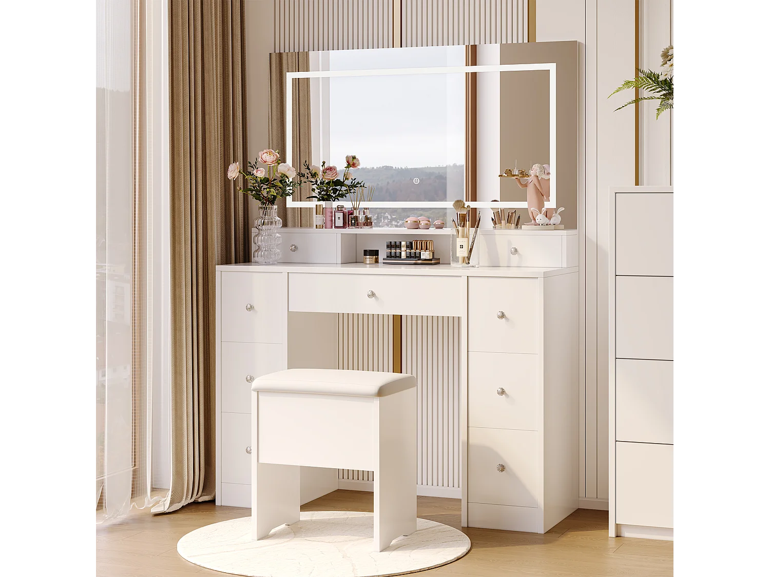 Ensemble coiffeuse avec miroir et éclairage LED, table de toilette avec tabouret de rangement, 9 tiroirs et étagères ouvertes, blanc