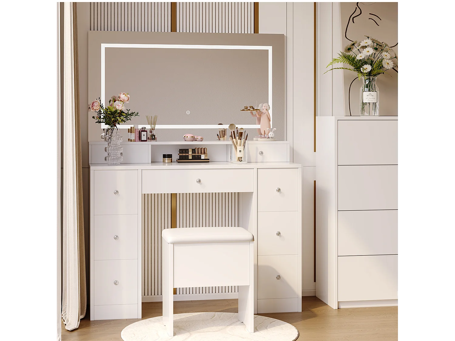 Ensemble coiffeuse avec miroir et éclairage LED, table de toilette avec tabouret de rangement, 9 tiroirs et étagères ouvertes, blanc