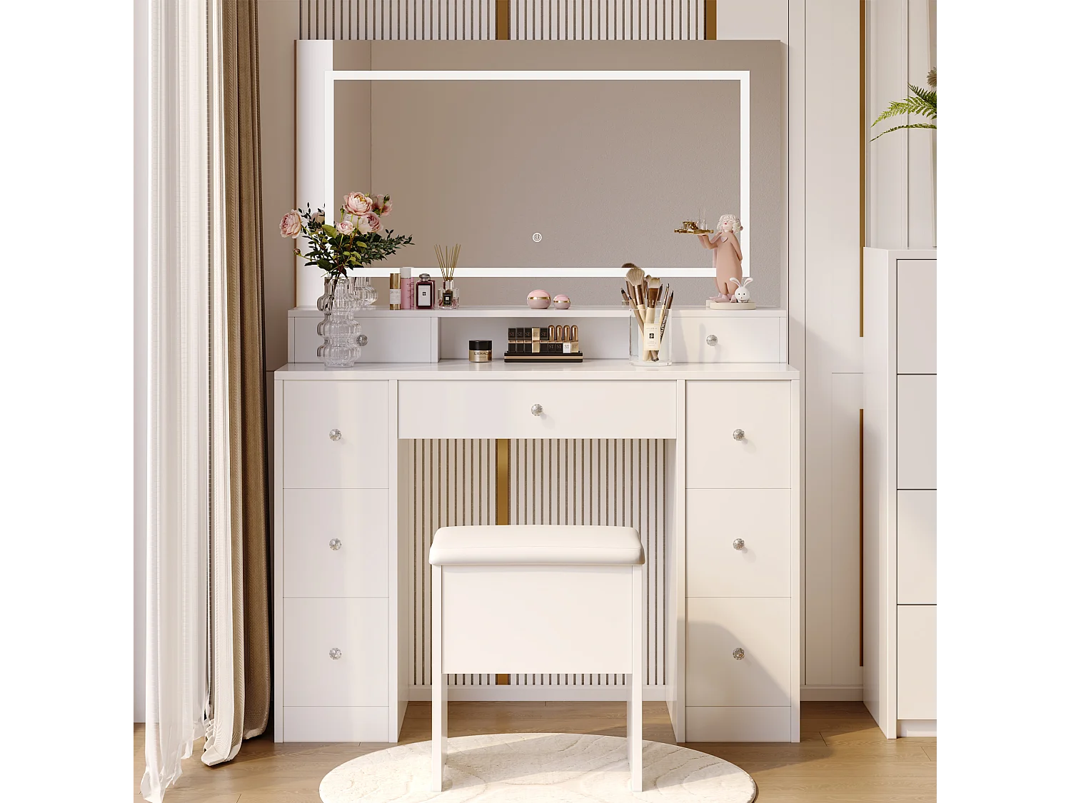 Ensemble coiffeuse avec miroir et éclairage LED, table de toilette avec tabouret de rangement, 9 tiroirs et étagères ouvertes, blanc