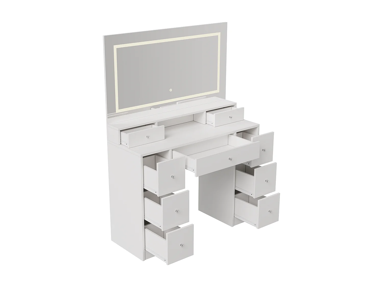 Ensemble coiffeuse avec miroir et éclairage LED, table de toilette avec tabouret de rangement, 9 tiroirs et étagères ouvertes, blanc