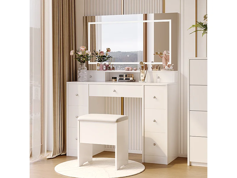 Ensemble coiffeuse avec miroir et éclairage LED, table de toilette avec tabouret de rangement, 9 tiroirs et étagères ouvertes, blanc