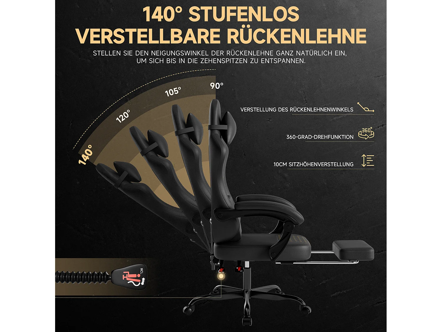 Chaise de jeu avec repose-pieds - siège réglable en hauteur - chaise de bureau - noir