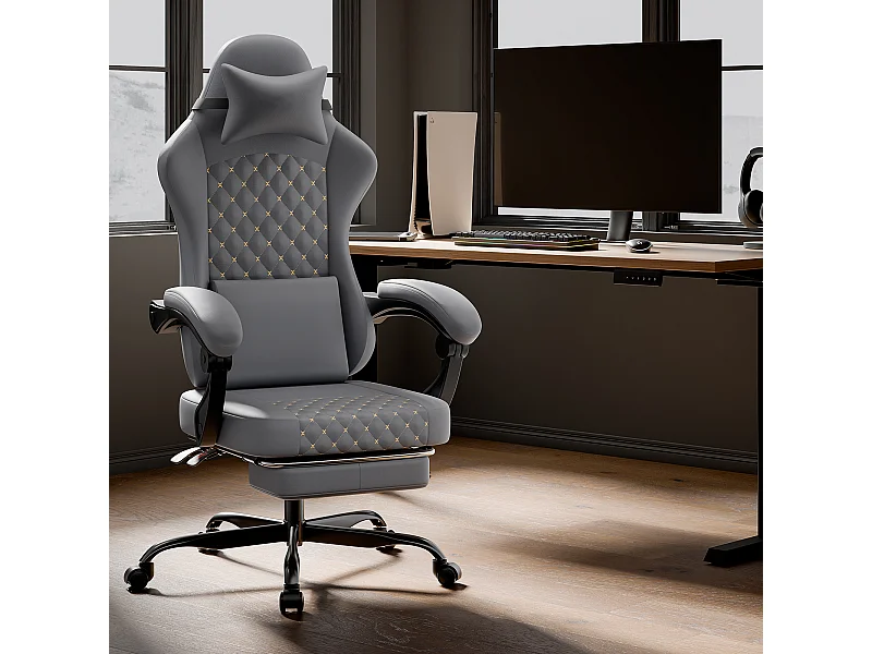Chaise de jeu avec repose-pieds - siège réglable en hauteur - chaise de bureau - gris