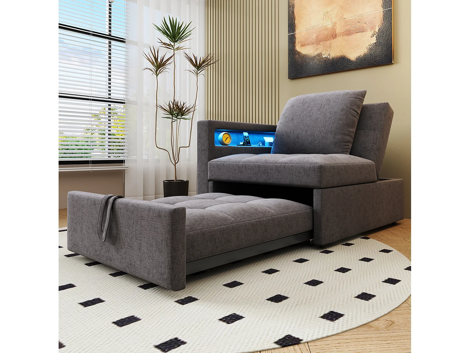 Canapé-lit multifonctionnel 3 en 1 avec dossier réglable, accoudoirs avec bandes lumineuses LED et ports USB/Type-C, canapé inclinable,Gris foncé