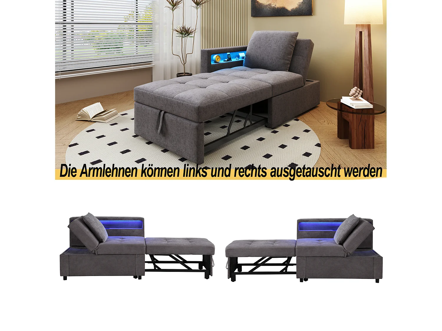 Canapé-lit multifonctionnel 3 en 1 avec dossier réglable, accoudoirs avec bandes lumineuses LED et ports USB/Type-C, canapé inclinable,Gris foncé