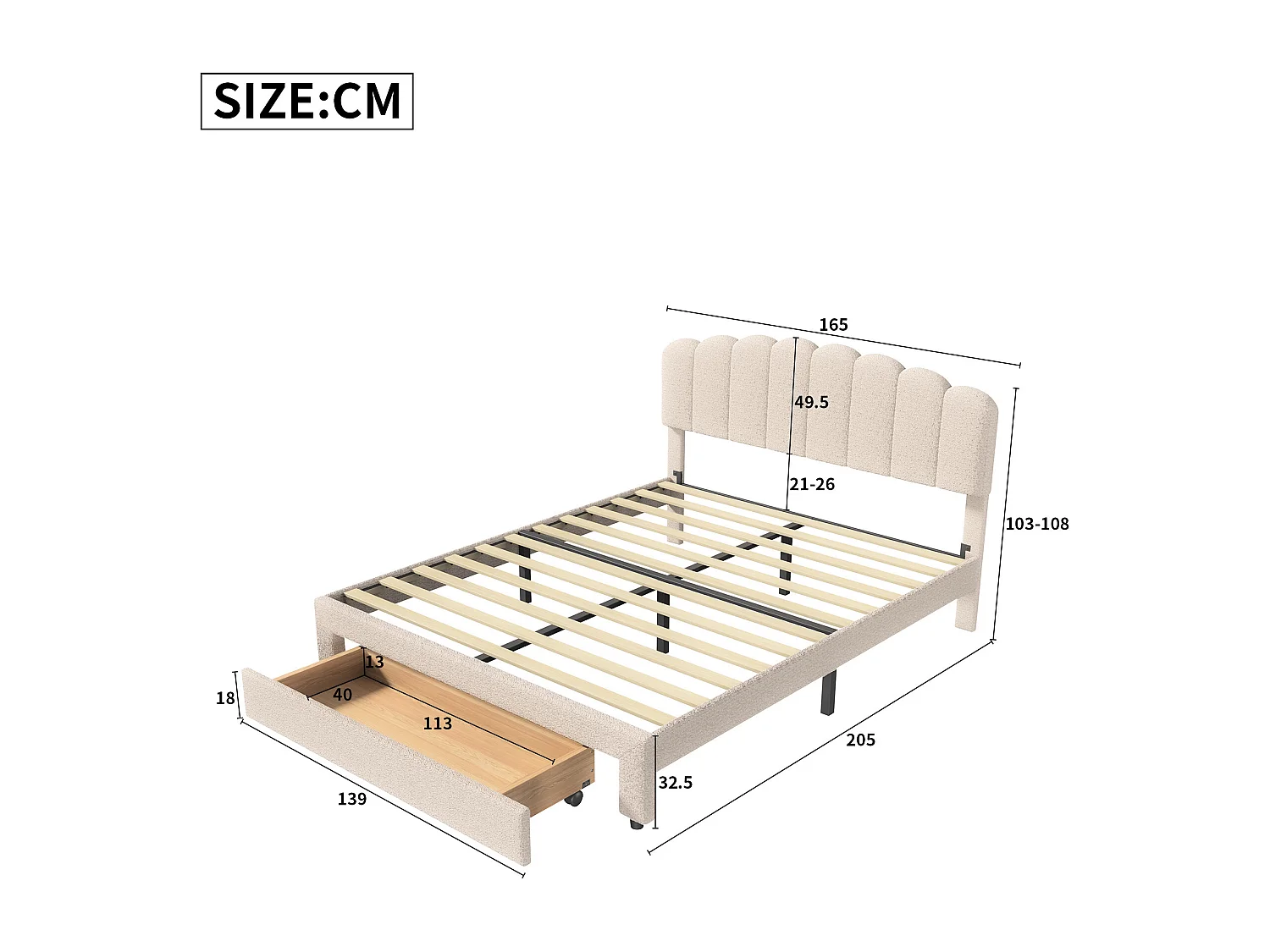 Lit double 160x200cm - lit avec tiroir et port USB - tête de lit réglable en hauteur - velours Teddy - beige