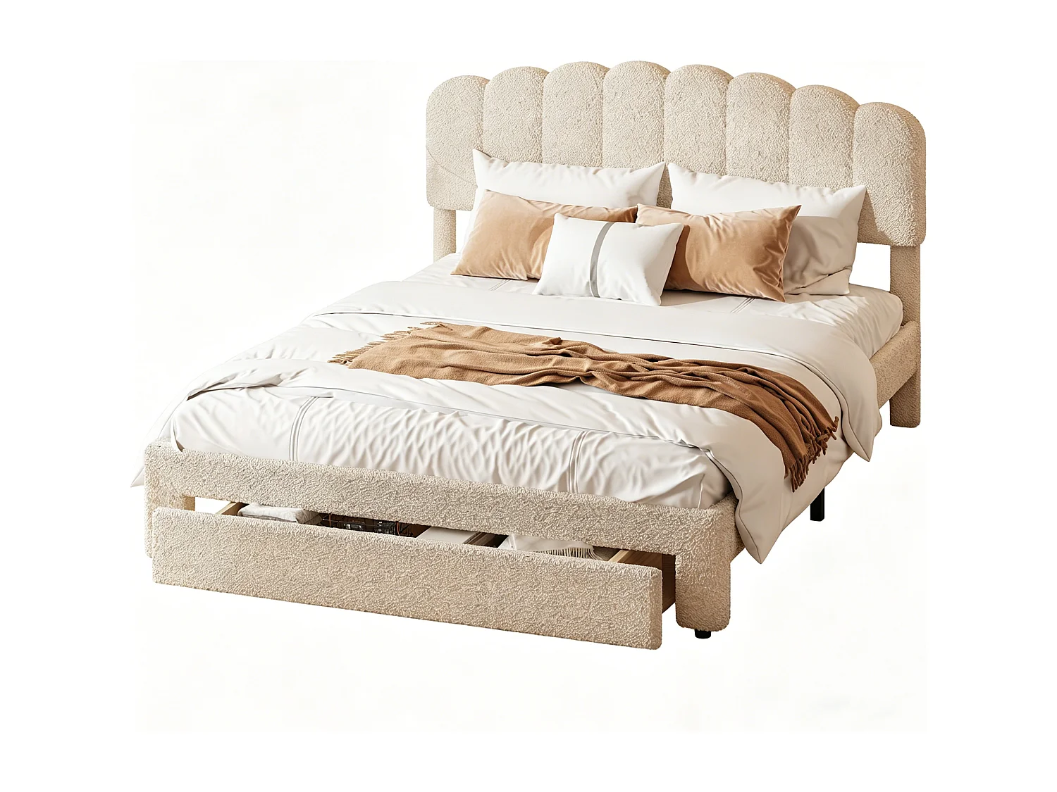 Lit double 160x200cm - lit avec tiroir et port USB - tête de lit réglable en hauteur - velours Teddy - beige