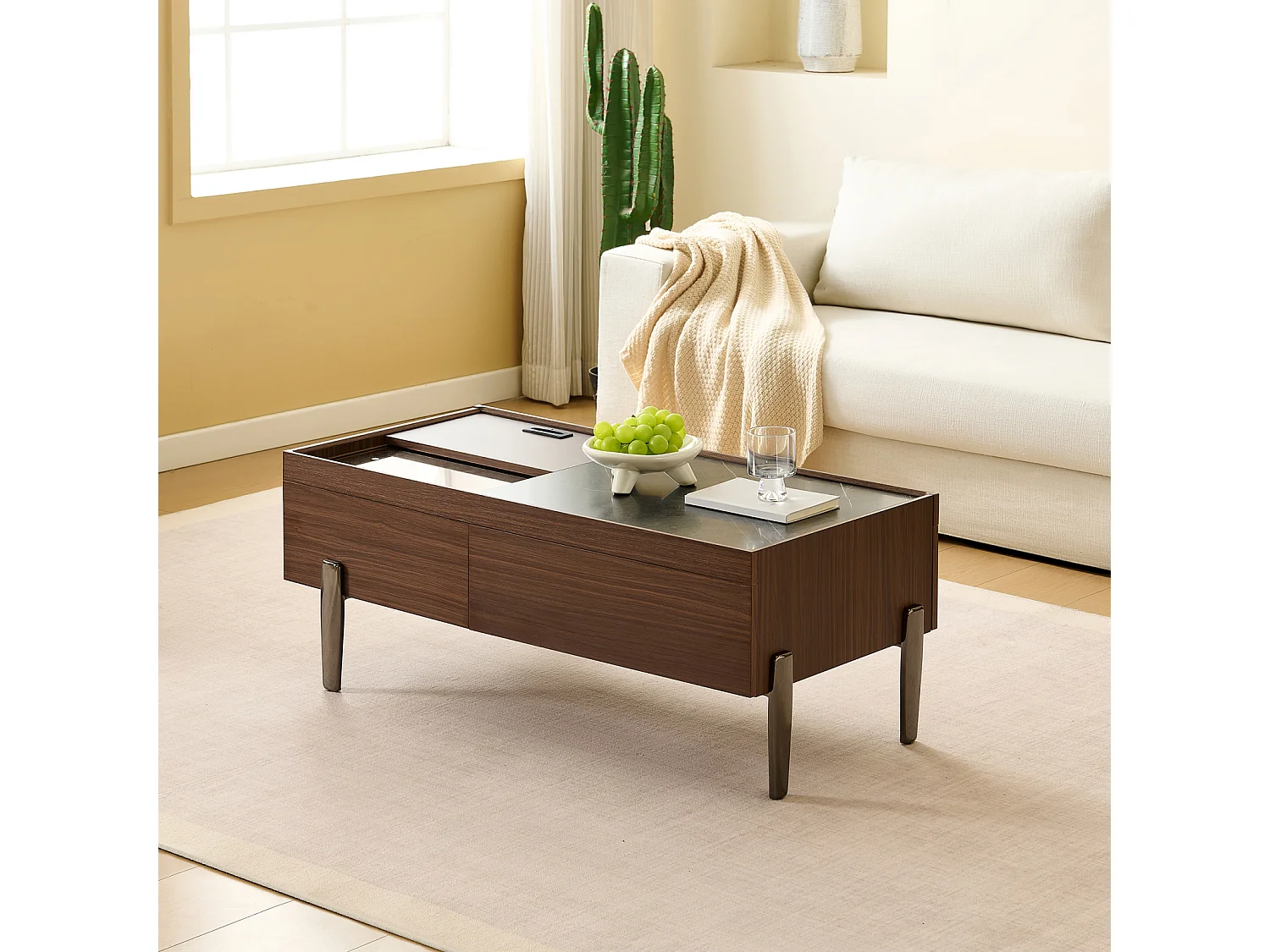 Table basse avec tiroirs et plateau en verre - grand espace de rangement - pieds en métal - design en bois brun foncé