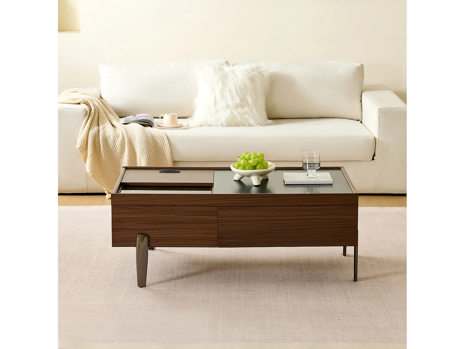 Table basse avec tiroirs et plateau en verre - grand espace de rangement - pieds en métal - design en bois brun foncé