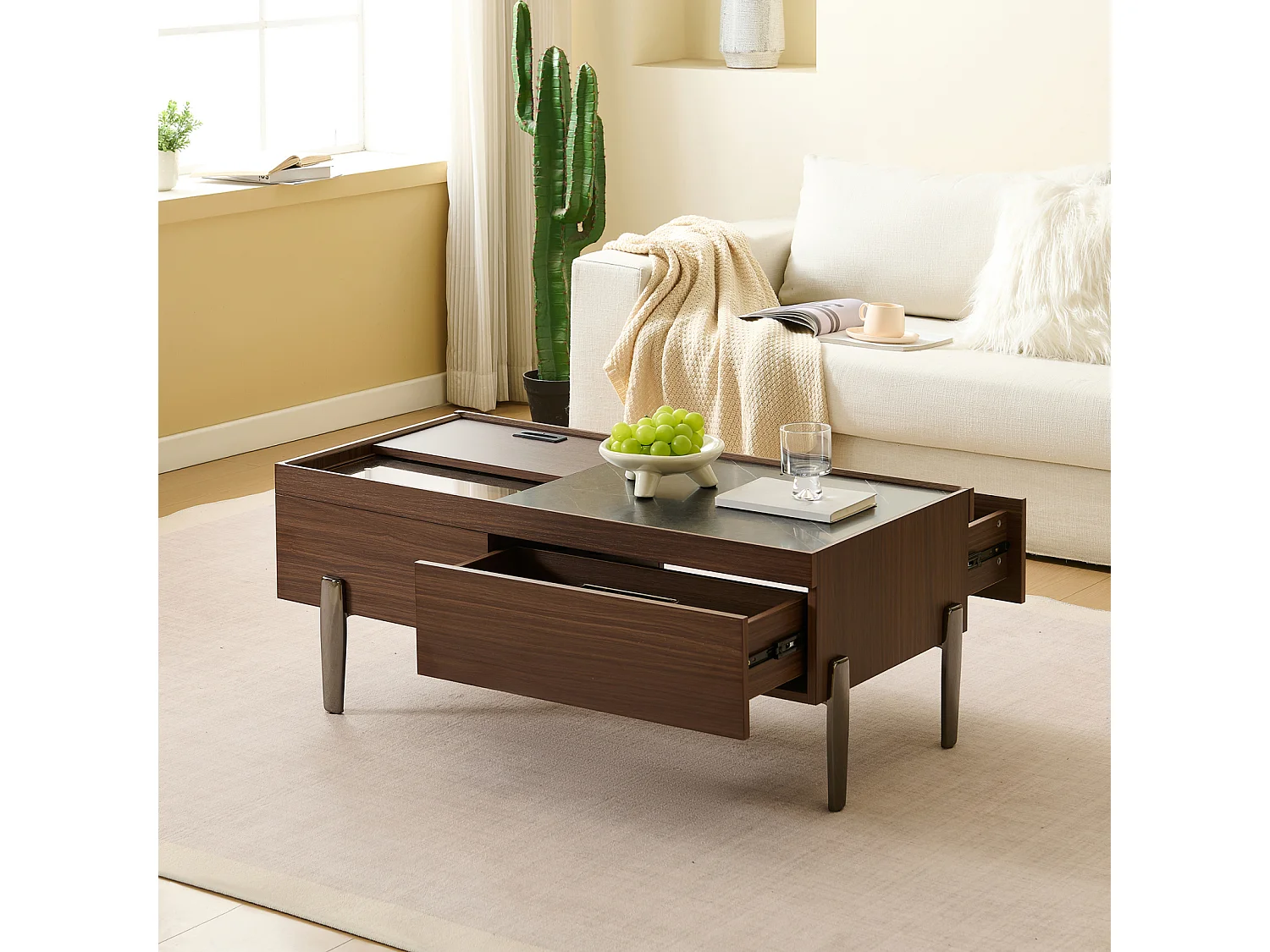 Table basse avec tiroirs et plateau en verre - grand espace de rangement - pieds en métal - design en bois brun foncé