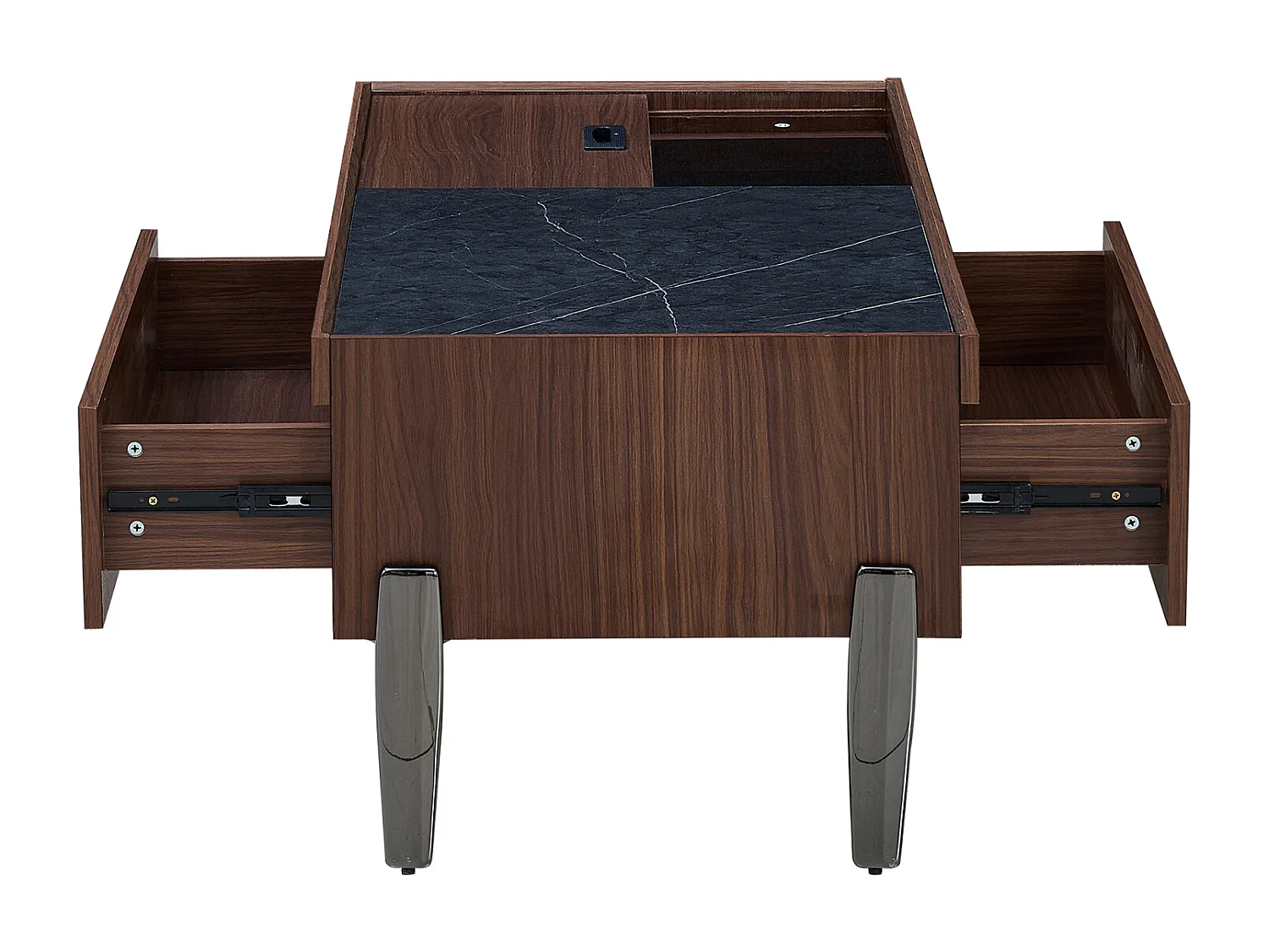 Table basse avec tiroirs et plateau en verre - grand espace de rangement - pieds en métal - design en bois brun foncé