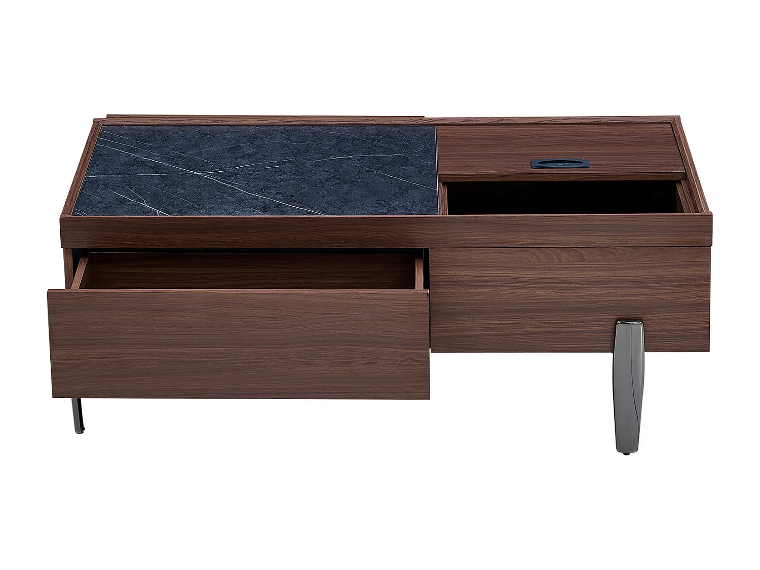 Table basse avec tiroirs et plateau en verre - grand espace de rangement - pieds en métal - design en bois brun foncé