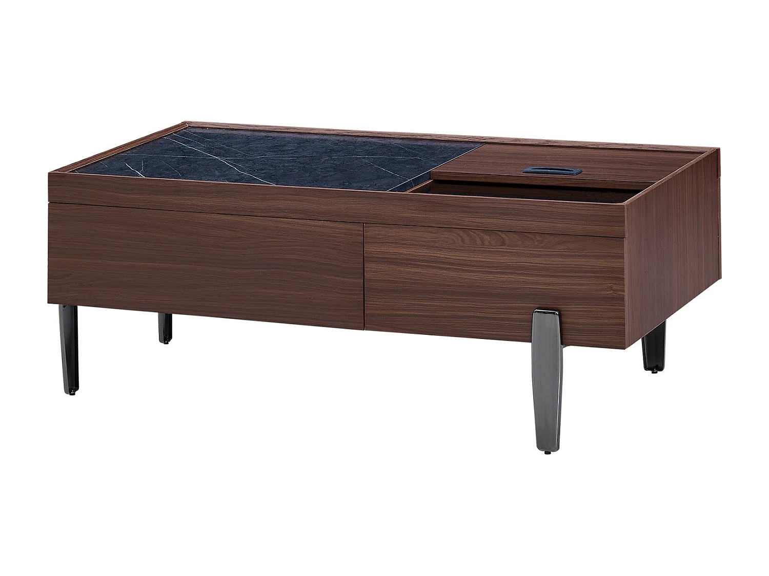 Table basse avec tiroirs et plateau en verre - grand espace de rangement - pieds en métal - design en bois brun foncé