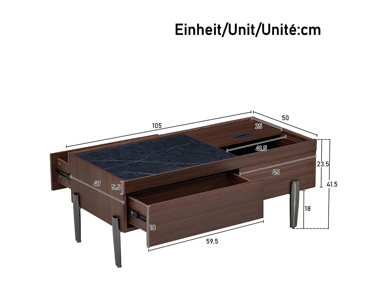 Table basse avec tiroirs et plateau en verre - grand espace de rangement - pieds en métal - design en bois brun foncé