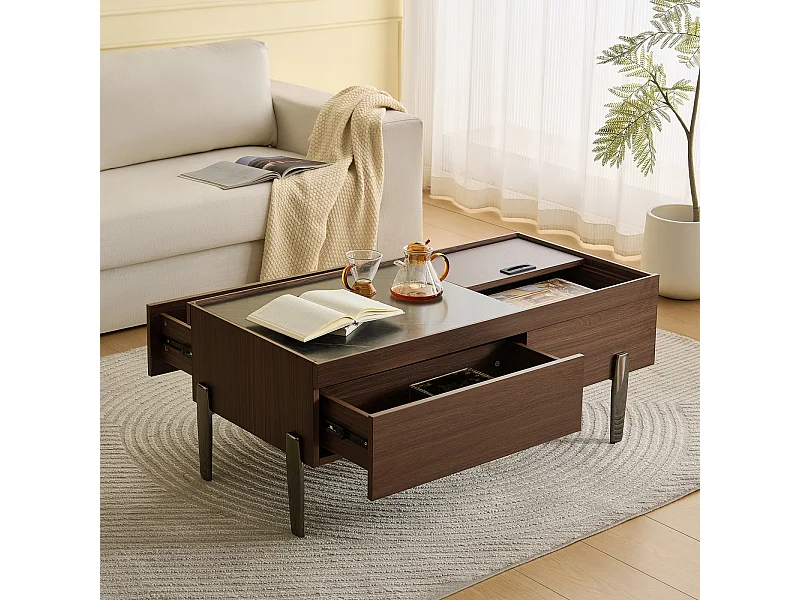 Table basse avec tiroirs et plateau en verre - grand espace de rangement - pieds en métal - design en bois brun foncé