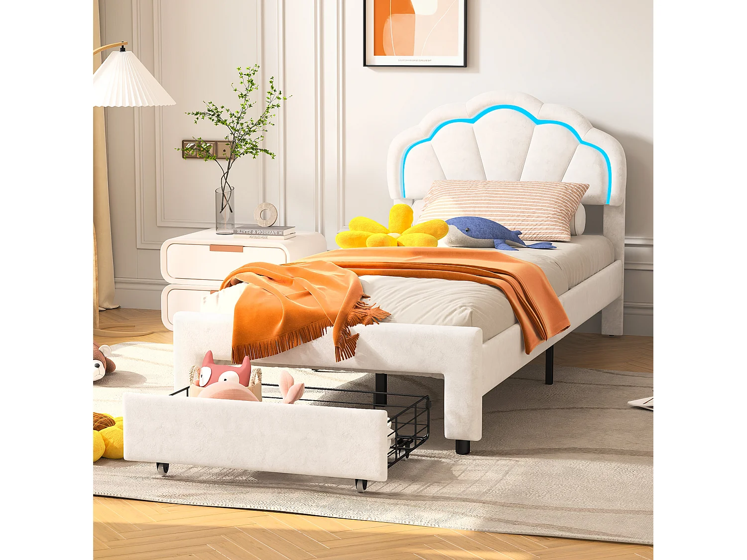 Lit enfant 90x200 cm - avec tête de lit fleurie et LED - un tiroir au pied du lit - lit princesse - velours - blanc