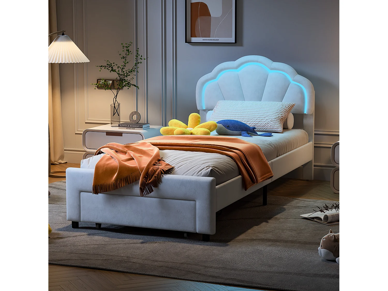 Lit enfant 90x200 cm - avec tête de lit fleurie et LED - un tiroir au pied du lit - lit princesse - velours - blanc