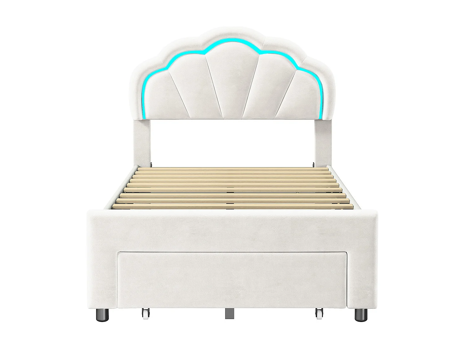 Lit enfant 90x200 cm - avec tête de lit fleurie et LED - un tiroir au pied du lit - lit princesse - velours - blanc