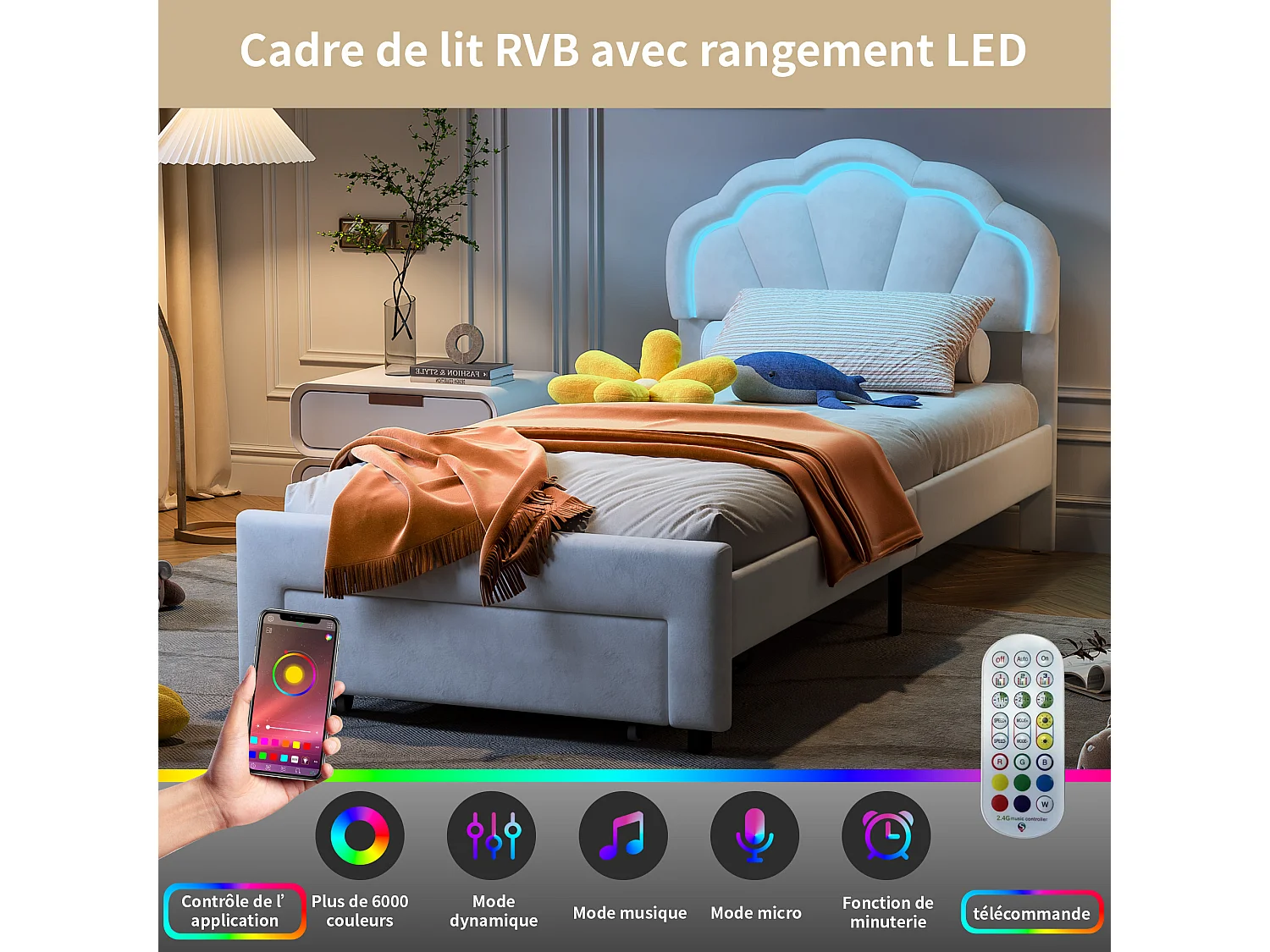 Lit enfant 90x200 cm - avec tête de lit fleurie et LED - un tiroir au pied du lit - lit princesse - velours - blanc
