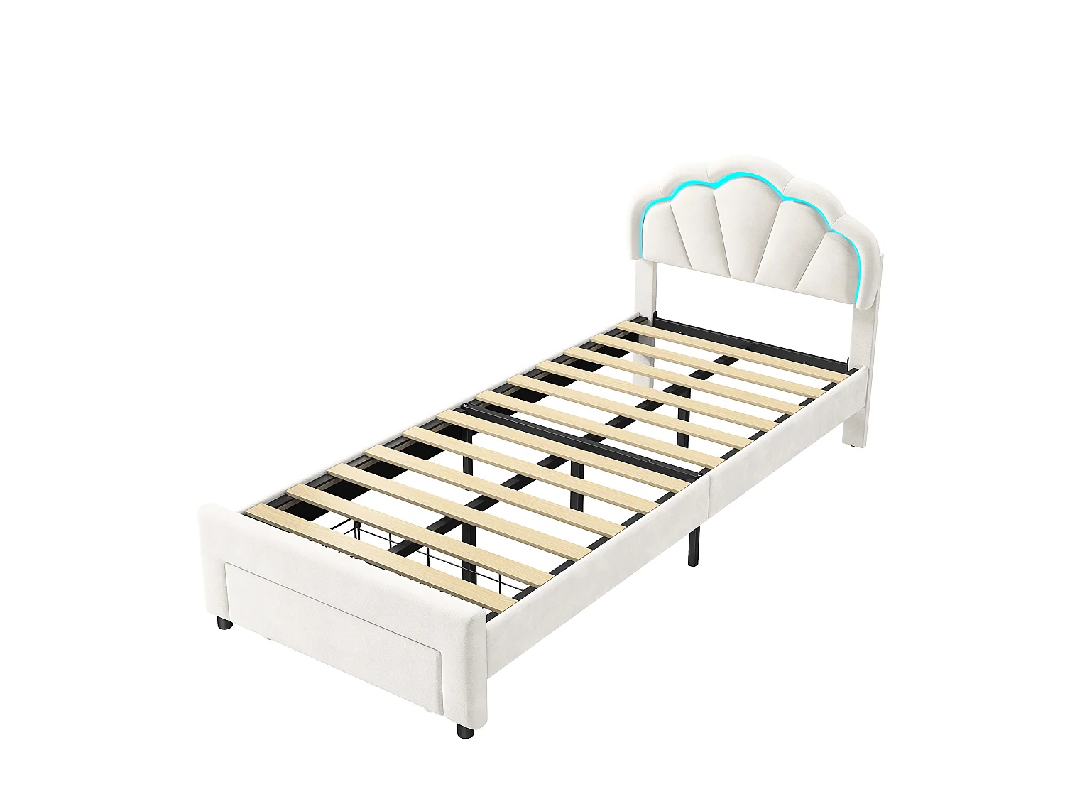 Lit enfant 90x200 cm - avec tête de lit fleurie et LED - un tiroir au pied du lit - lit princesse - velours - blanc