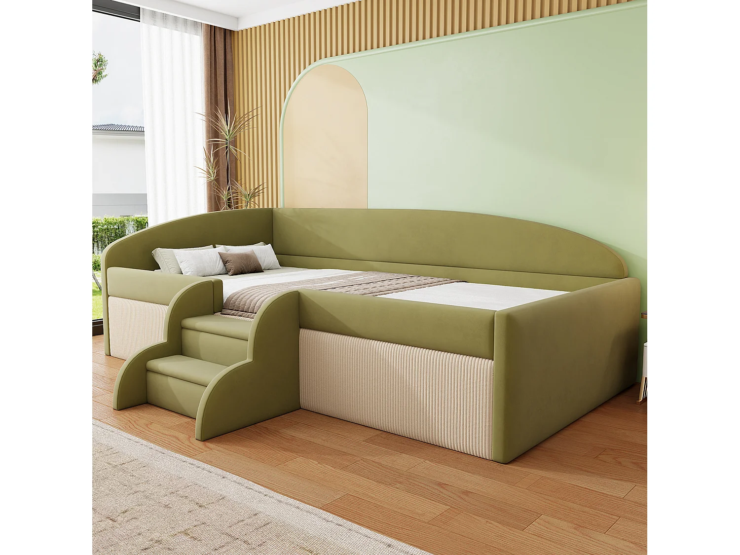 Canapé-lit rembourré - 90×190 cm - avec marches et cloisons - velours -  vert foncé + crème